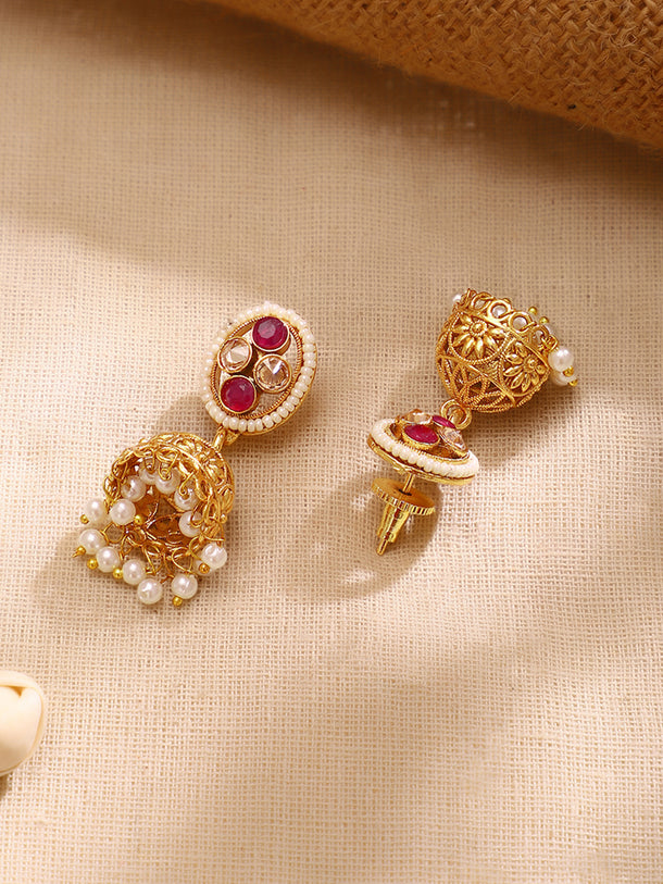 Gold Plated Weave Pearl Fringe Choker Jhumka Set