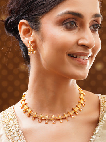 Gold Plated Grid Kundan Square Mesh Choker Set