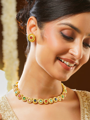 Gold Plated Rainbow Navratna Pearl Halo Choker Set