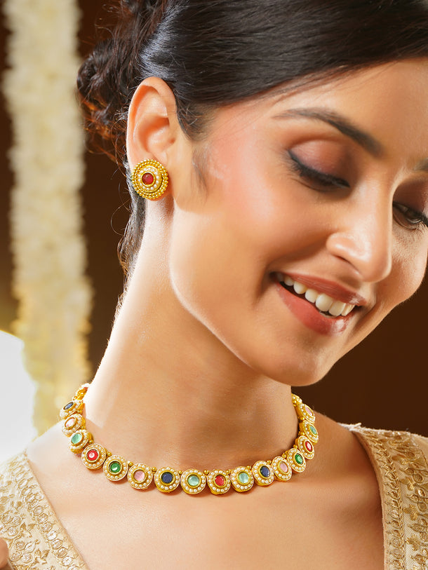 Gold Plated Rainbow Navratna Pearl Halo Choker Set
