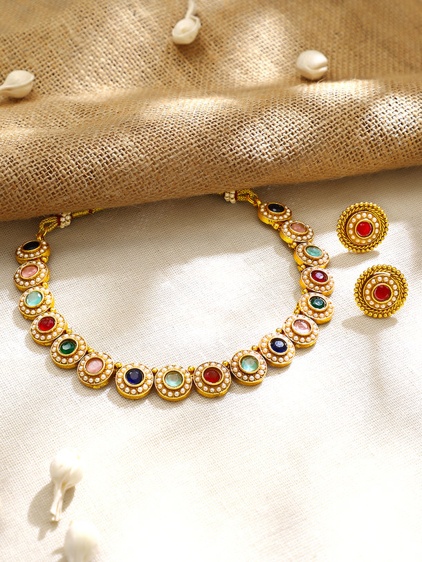 Gold Plated Rainbow Navratna Pearl Halo Choker Set