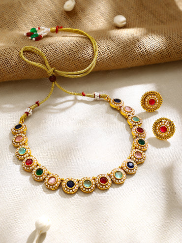 Gold Plated Rainbow Navratna Pearl Halo Choker Set