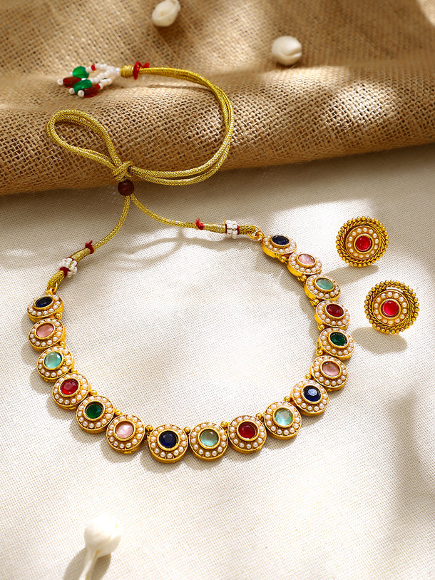 Gold Plated Rainbow Navratna Pearl Halo Choker Set
