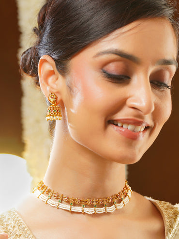 Gold Plated Pink & Green studded pearl beaded Dual layered Choker set