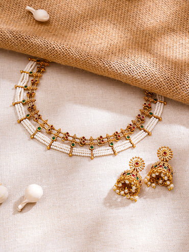 Gold Plated Pink & Green studded pearl beaded Dual layered Choker set