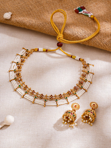 Gold Plated Pink & Green studded pearl beaded Dual layered Choker set