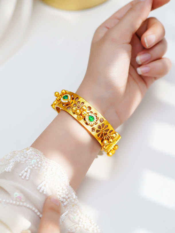 Gold Plated Ghungroo Bracelet with Emerald & Pearl Detailing