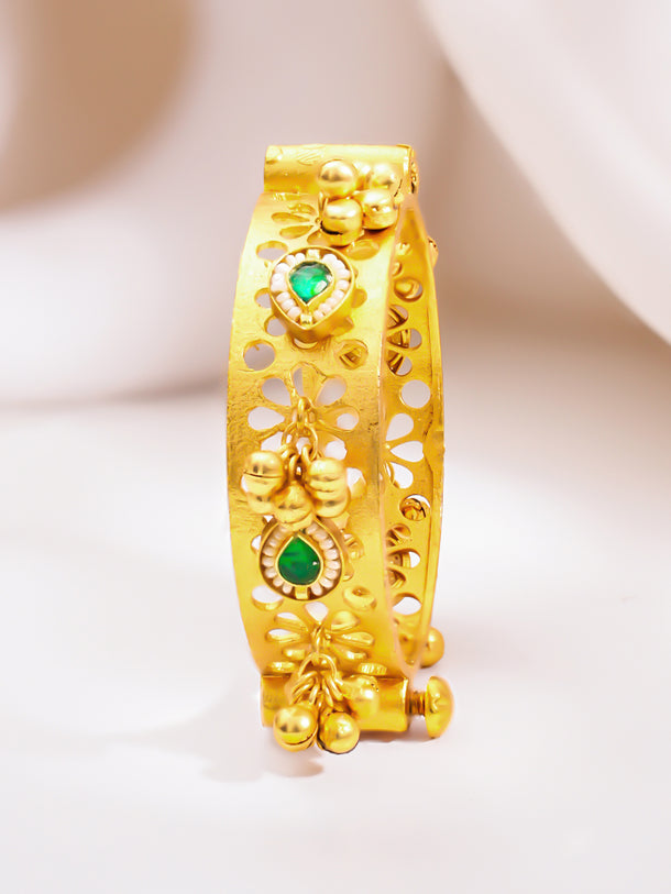 Gold Plated Ghungroo Bracelet with Emerald & Pearl Detailing