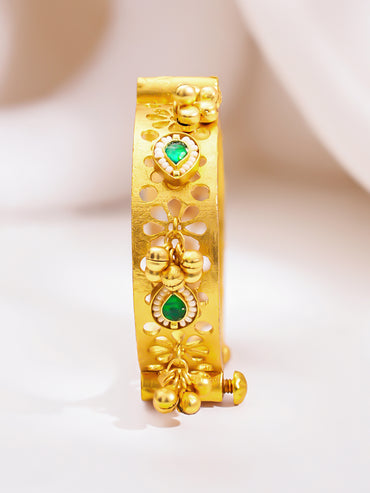 Gold Plated Ghungroo Bracelet with Emerald & Pearl Detailing