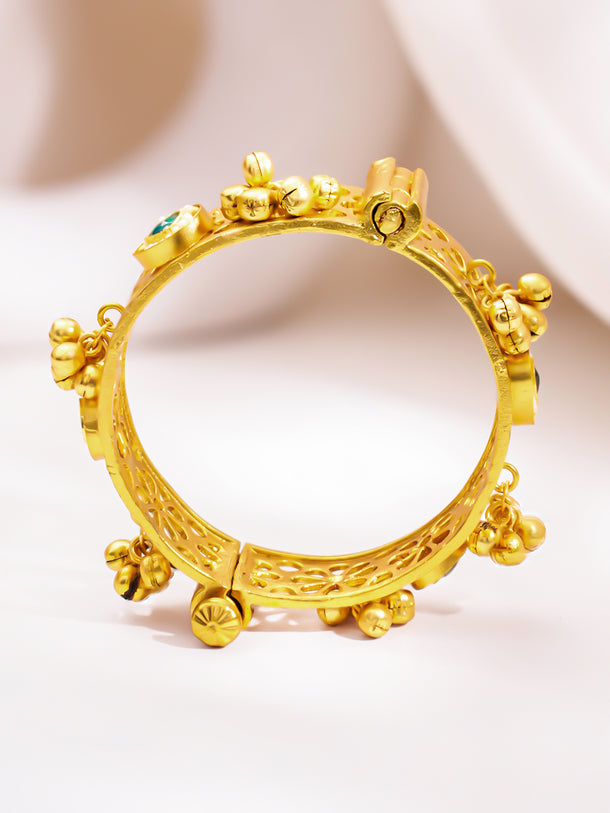 Gold Plated Ghungroo Bracelet with Emerald & Pearl Detailing