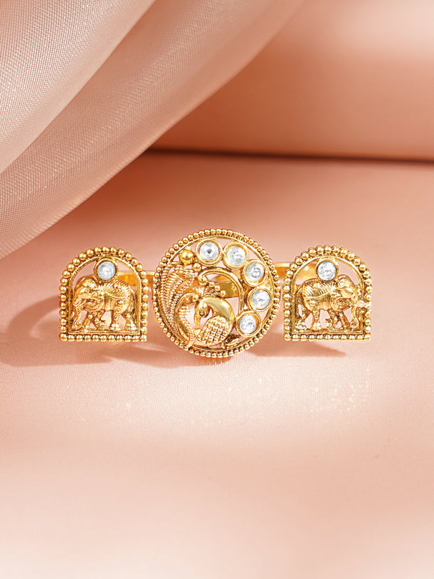 Gold Plated Elephant Motif Kundan Ring