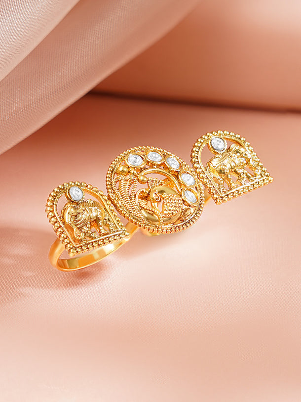 Gold Plated Elephant Motif Kundan Ring