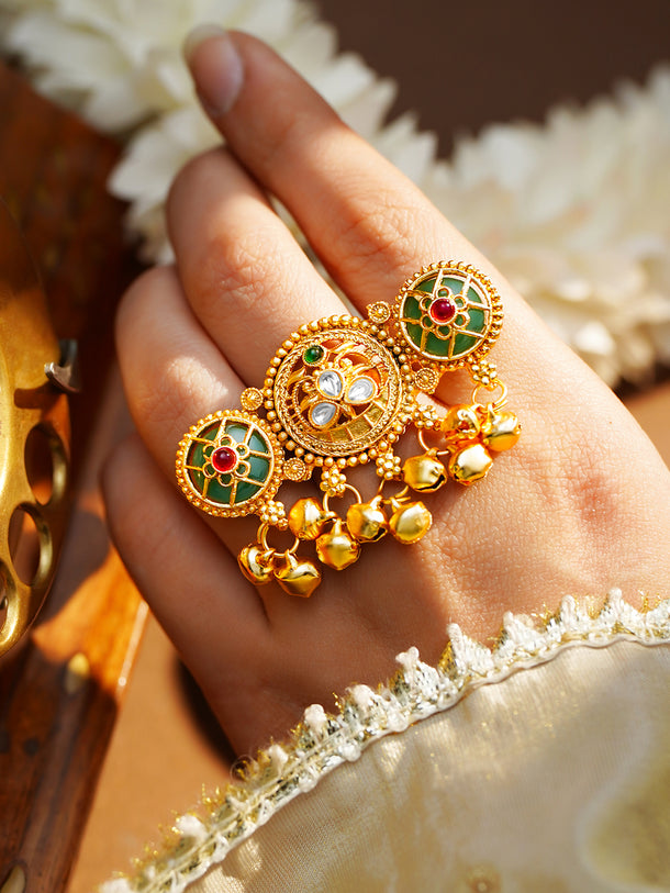 Gold Plated Kundan Emerald Green Ring With Ghungroo Drops