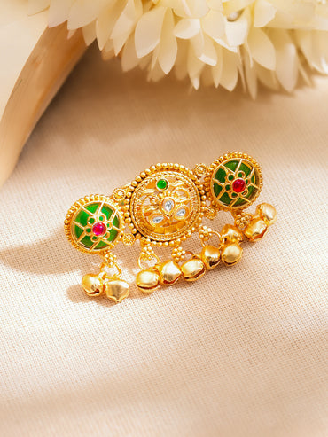 Gold Plated Kundan Emerald Green Ring With Ghungroo Drops