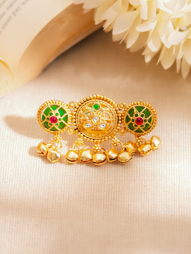 Gold Plated Kundan Emerald Green Ring With Ghungroo Drops