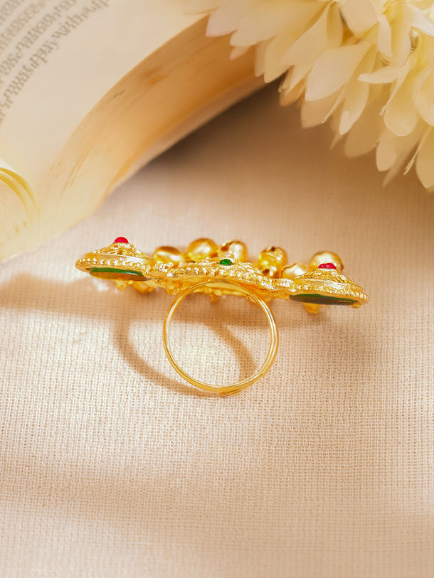 Gold Plated Kundan Emerald Green Ring With Ghungroo Drops