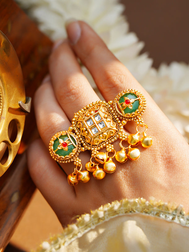 Gold Plated Kundan Emerald Green Ring With Ghungroo Drops