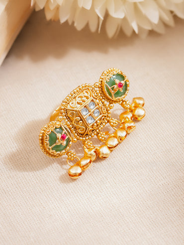 Gold Plated Kundan Emerald Green Ring With Ghungroo Drops