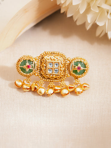 Gold Plated Kundan Emerald Green Ring With Ghungroo Drops