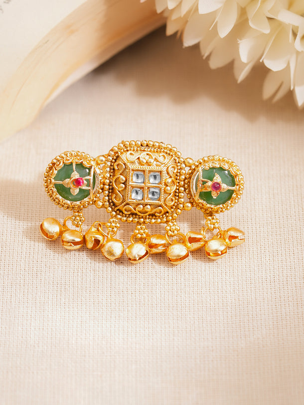 Gold Plated Kundan Emerald Green Ring With Ghungroo Drops