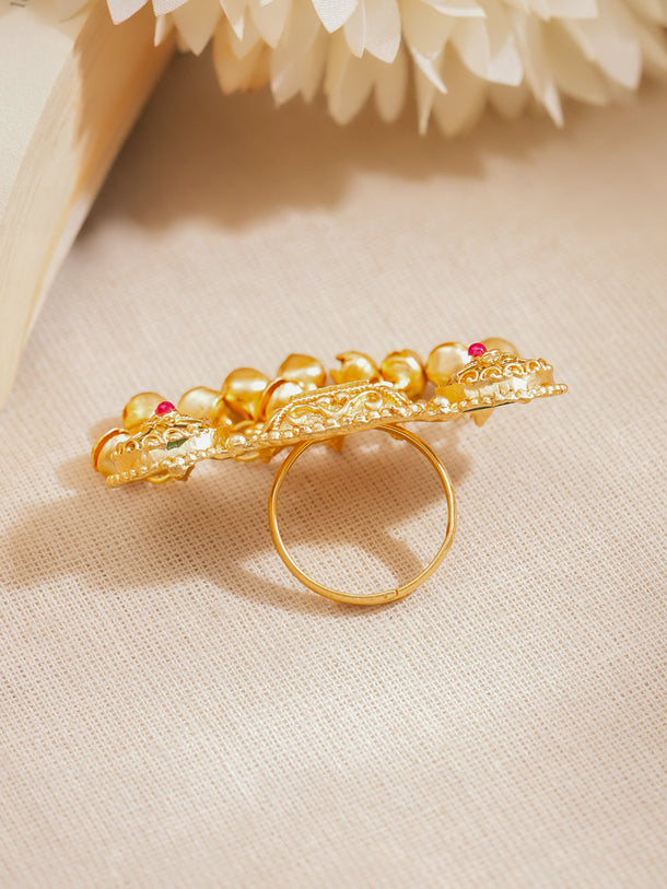 Gold Plated Kundan Emerald Green Ring With Ghungroo Drops