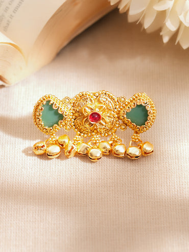 Gold Plated Kundan Emerald Green Ring With Ghungroo Drops