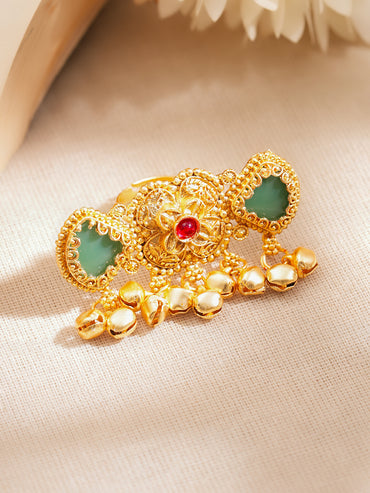 Gold Plated Kundan Emerald Green Ring With Ghungroo Drops