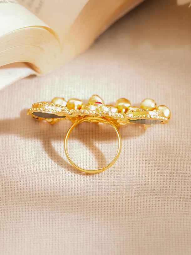 Gold Plated Kundan Emerald Green Ring With Ghungroo Drops