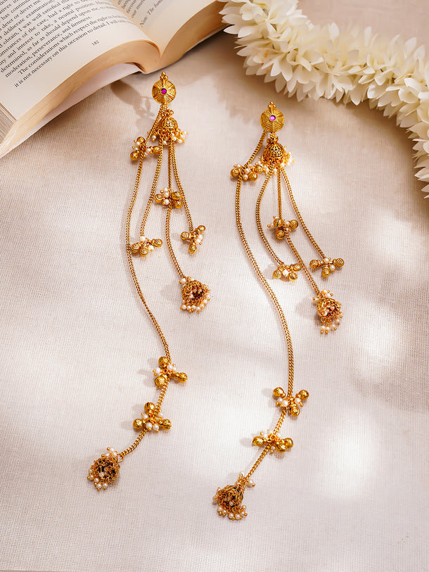 Gold Plated Pearl Beaded Kashmiri Dangler Jhumkas