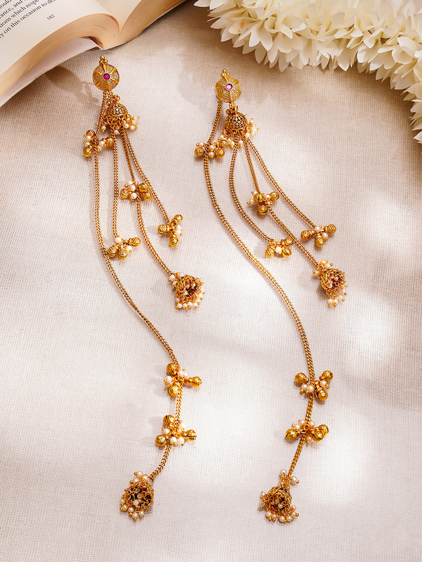 Gold Plated Pearl Beaded Kashmiri Dangler Jhumkas