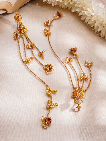 Gold Plated Pearl Beaded Kashmiri Dangler Jhumkas