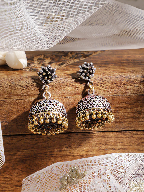 Rubans Oxidized Silver-Plated Dual-Tone Jhumka Earrings with Gold Beaded Drops