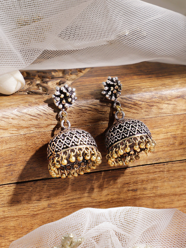 Rubans Oxidized Silver-Plated Dual-Tone Jhumka Earrings with Gold Beaded Drops