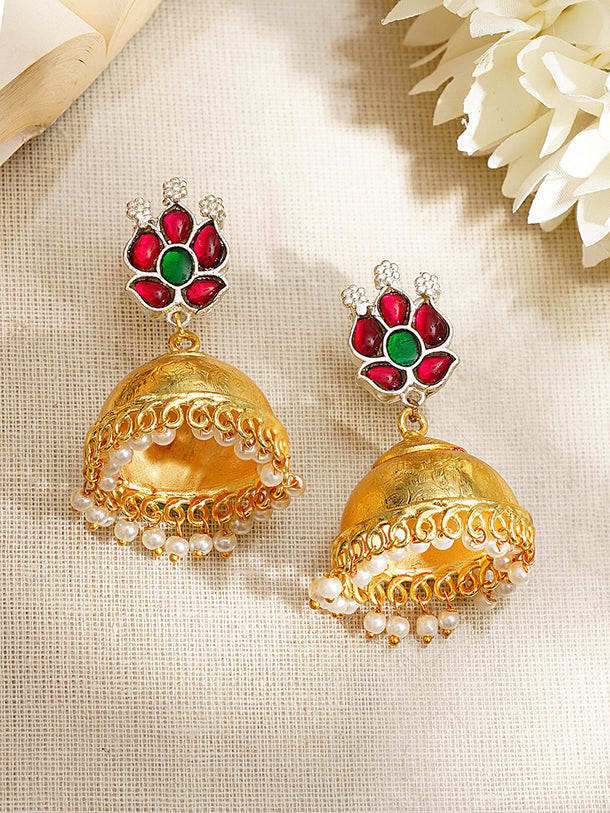 Gold-Plated Ruby Green Kundan Floral Jhumka Earrings