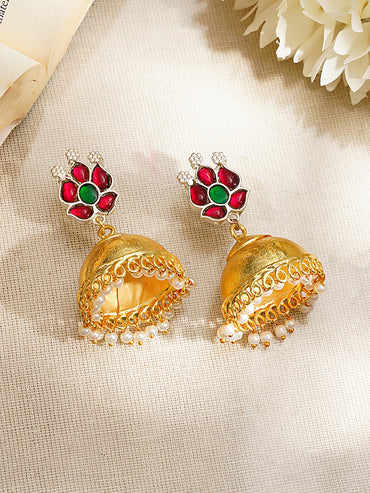 Gold-Plated Ruby Green Kundan Floral Jhumka Earrings
