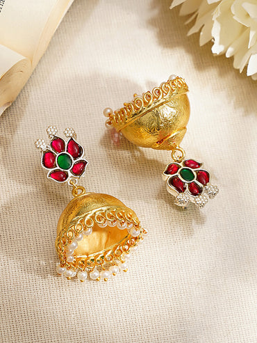 Gold-Plated Ruby Green Kundan Floral Jhumka Earrings
