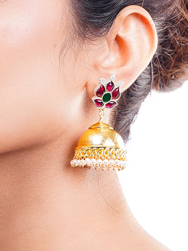 Gold-Plated Ruby Green Kundan Floral Jhumka Earrings