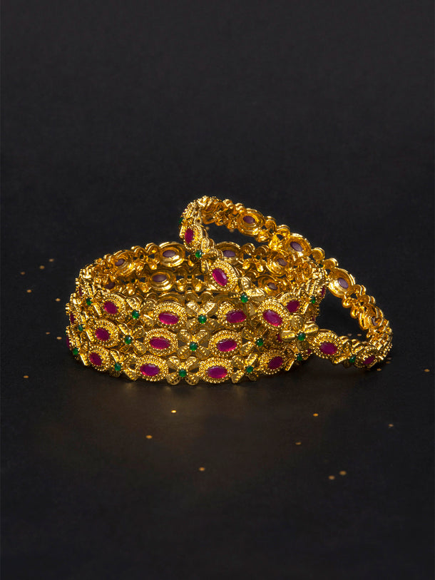 Rubans  Set of 4 Gold Plated and Pink Kundan Studded Bangles