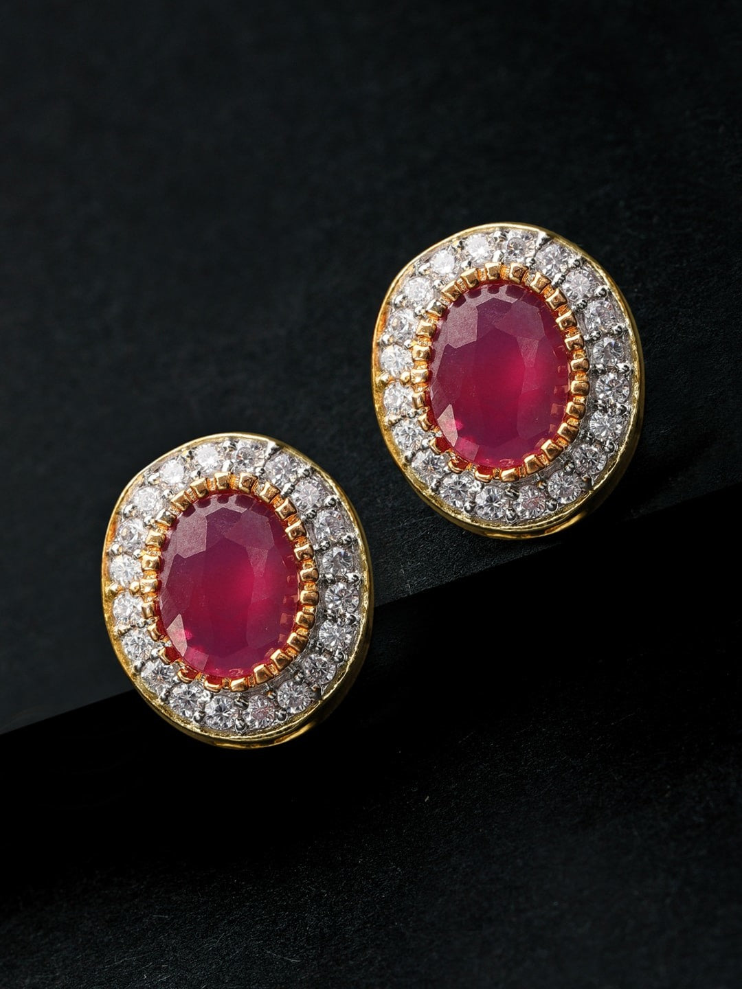 Rubans CZ and Faux Ruby Studded Stud Earrings