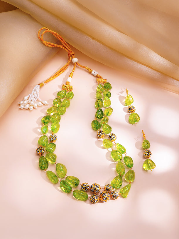 Green Crystal Beaded Layered Statement Necklace Set