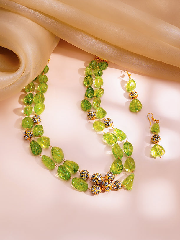Green Crystal Beaded Layered Statement Necklace Set