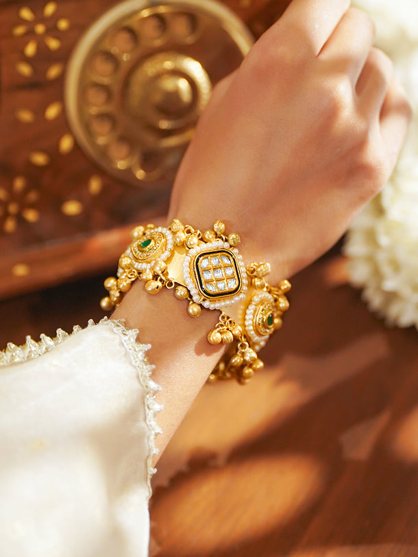 Pearl Embellished Gold Beaded Kundan Bracelet