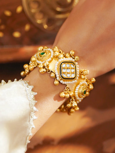 Pearl Embellished Gold Beaded Kundan Bracelet