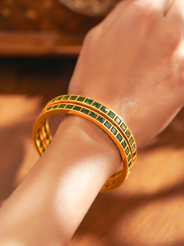 Rubans Set of 2 22K Gold-Plated Brass Emerald Green Cubic Zirconia Bangles