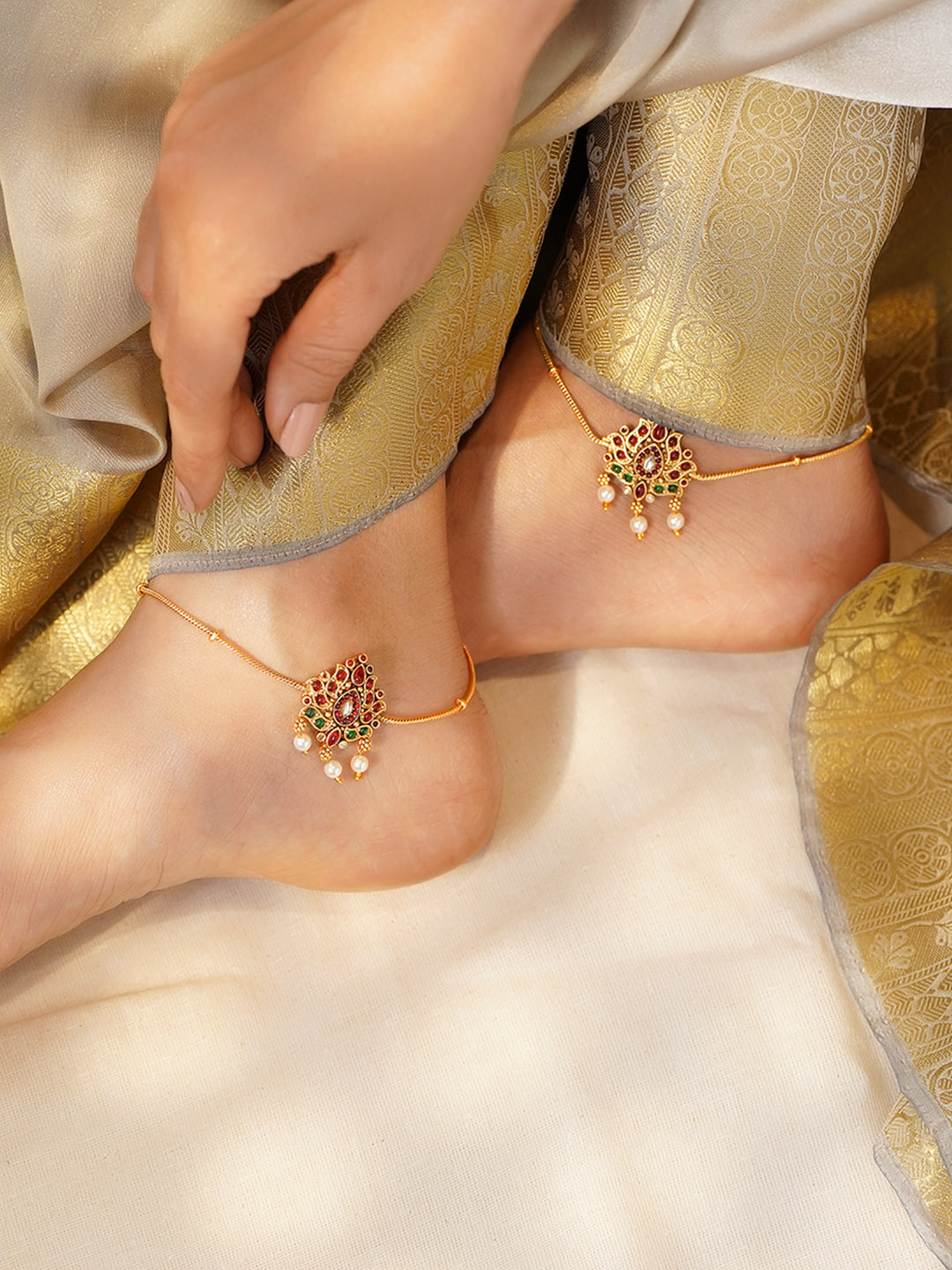 Rubans Women Set of 2 Gold-Plated Kundan Anklet