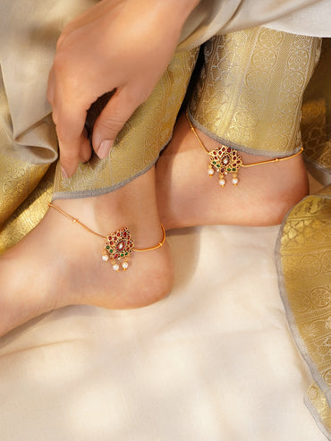 Rubans Women Set of 2 Gold-Plated Kundan Anklet