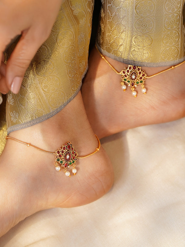 Rubans Women Set of 2 Gold-Plated Kundan Anklet