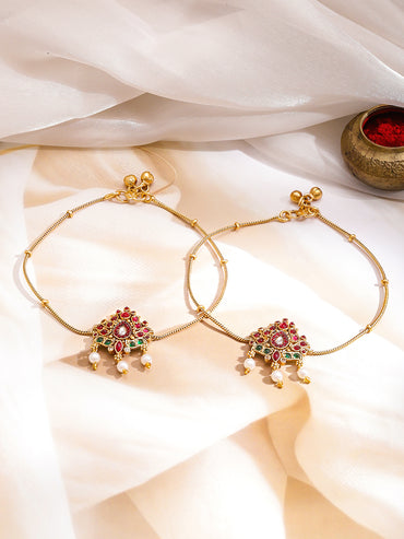 Rubans Women Set of 2 Gold-Plated Kundan Anklet