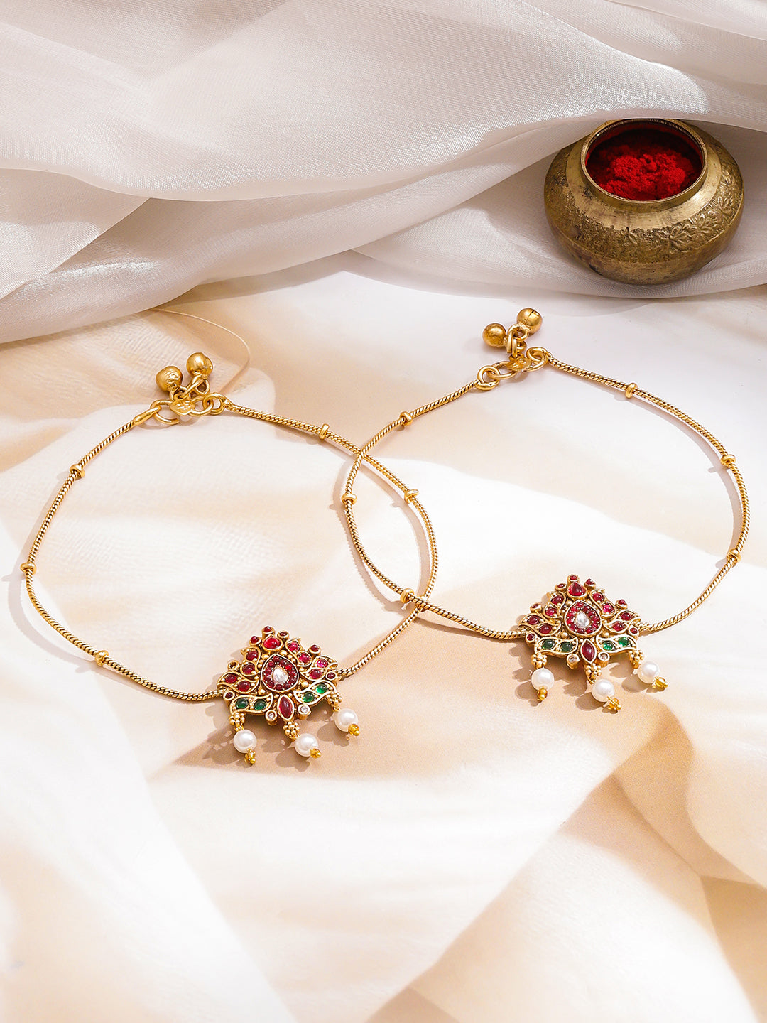 Rubans Women Set of 2 Gold-Plated Kundan Anklet