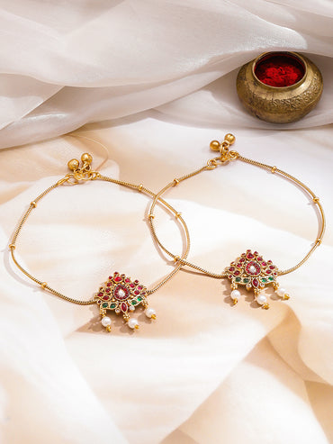 Rubans Women Set of 2 Gold-Plated Kundan Anklet